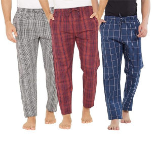 Men's Super Combed Cotton Checkered Checkmate Pyjamas [Pack of 3] Elasticated Waist, Drawstring | Loungewear for Men in Red,Pink & Black Checks