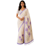 Cotton Saree with White Daisy Floral Prints Tassel Pallu Lightweight Summer Saree