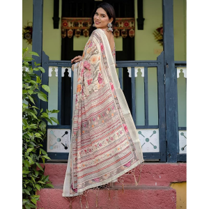 Women's Cotton Linen Printed Saree with Unstitched Blouse Piece