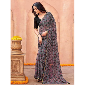 Women's Chiffon Mirror Work Ajrakh Print Saree with Unstitched Blouse Piece