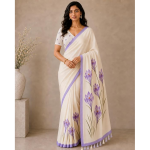Cotton Saree with White Daisy Floral Prints Tassel Pallu Lightweight Summer Saree