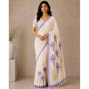 Cotton Saree with White Daisy Floral Prints Tassel Pallu Lightweight Summer Saree