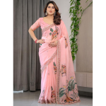 Women's Organza Printed Saree with Unstitched Blouse Piece