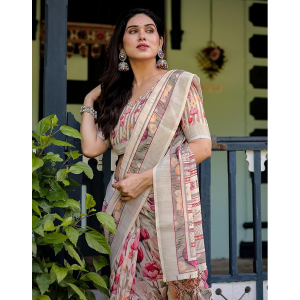 Women's Cotton Linen Printed Saree with Unstitched Blouse Piece
