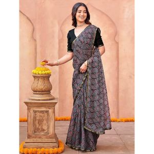 Women's Chiffon Mirror Work Ajrakh Print Saree with Unstitched Blouse Piece