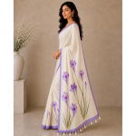 Cotton Saree with White Daisy Floral Prints Tassel Pallu Lightweight Summer Saree
