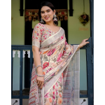 Women's Cotton Linen Printed Saree with Unstitched Blouse Piece